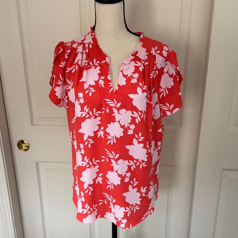 Floral Coral and White Women's Top
